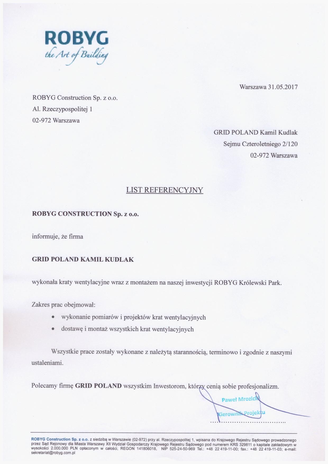 List referencyjny — ROBYG Construction Sp. z o.o.