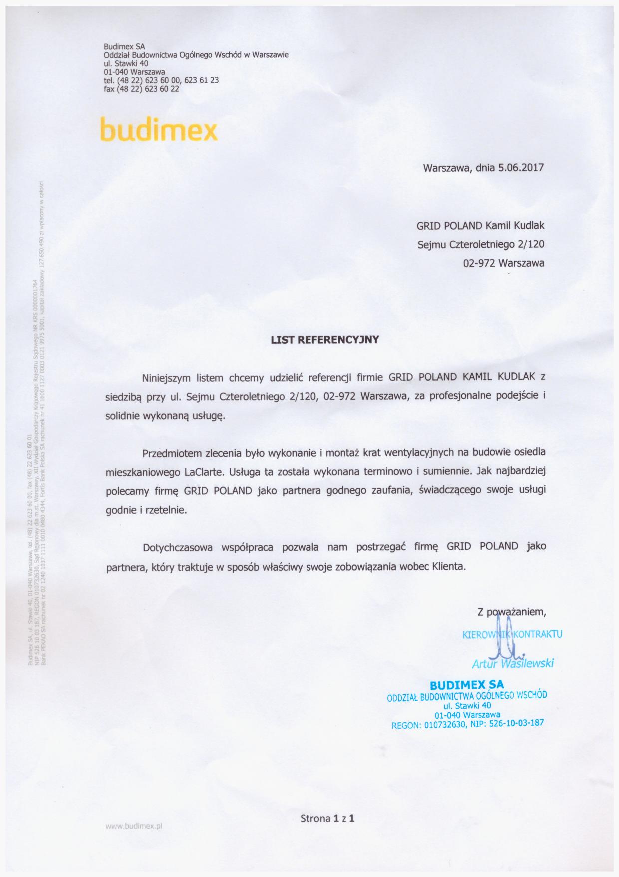 List referencyjny — Budimex SA — Oddział Budownictwa Ogólnego Wschód