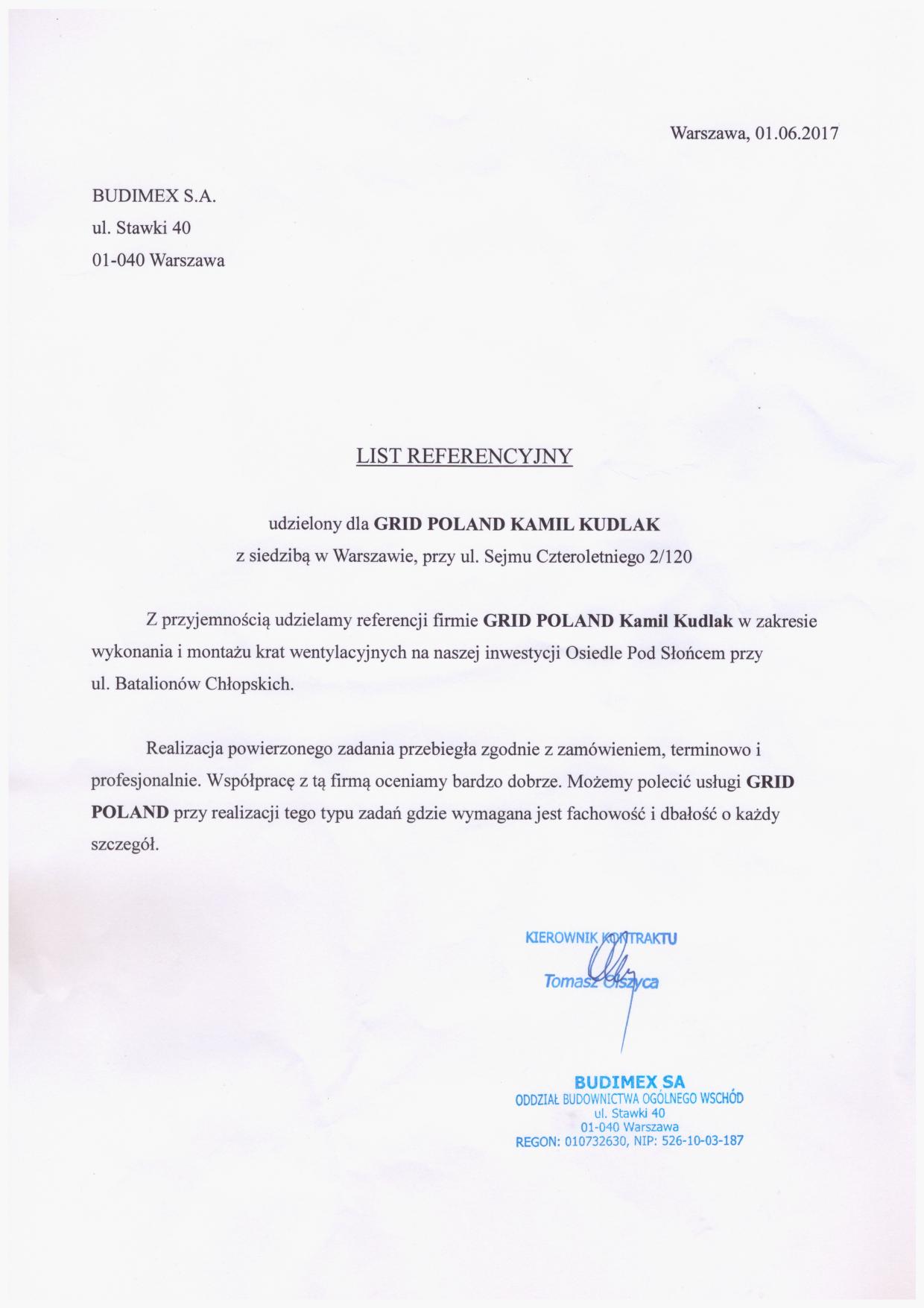 List referencyjny — Budimex S.A.